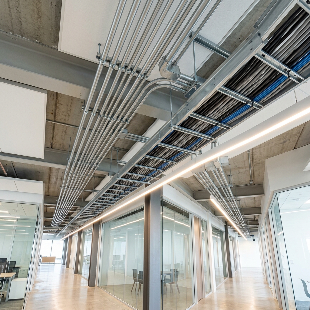 Instalación de conduit EMT y escalerillas portaconductoras en edificio comercial