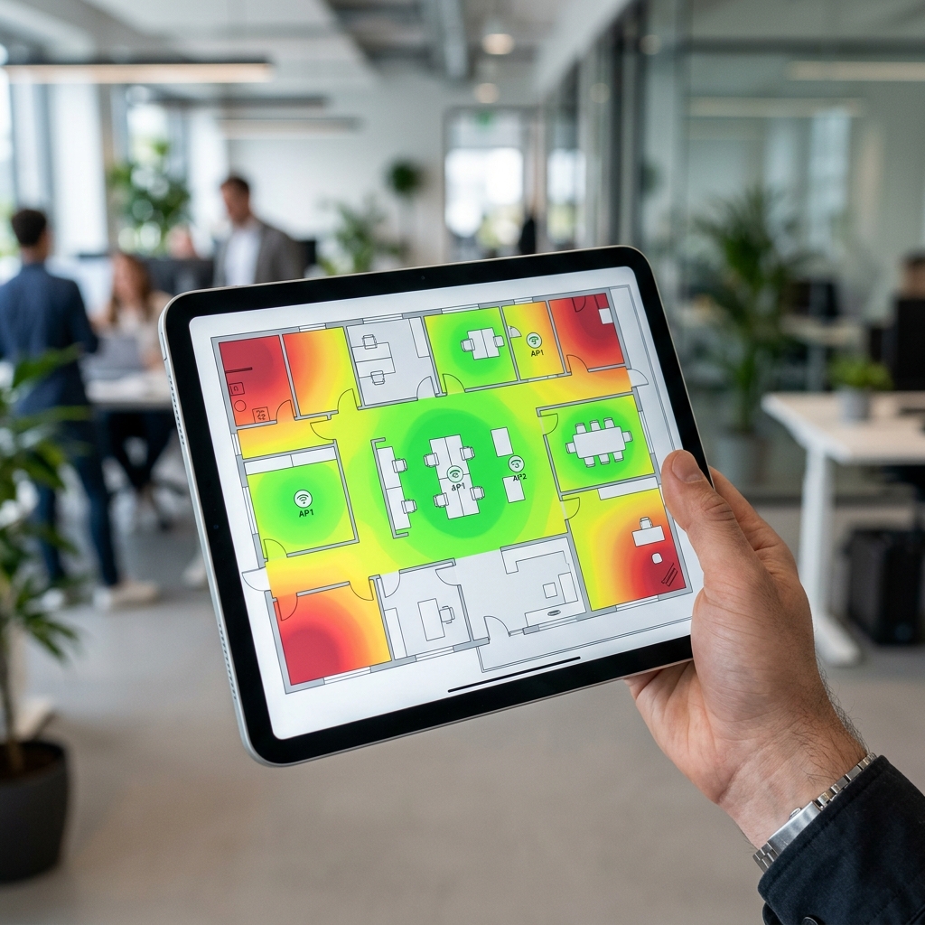 Mapa de calor de señal WiFi sobre plano arquitectónico